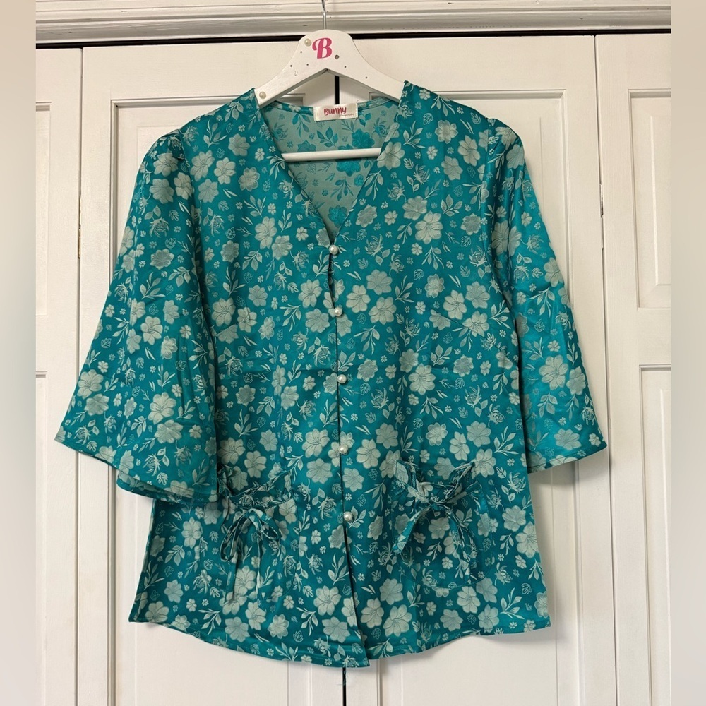 Bunny Sleepwear Pearl Button Up Blouse Floral Satin Asian Inspired Cottagecore